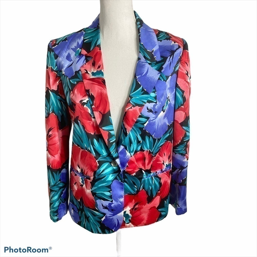 Vintage Bold Floral Blazer Sz 10 Women’s Red Blue